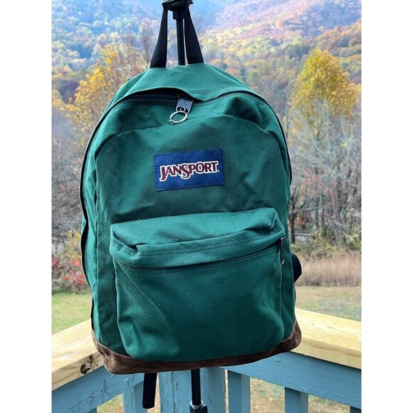 Vintage Jansport Hunter Green Backpack With Suede Bottom & Front Pocket - Picture 1 of 10